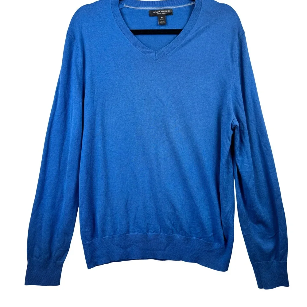 Banana Republic V-Neck Sweater Mens Medium Blue‎ Silk Cotton Cashmere Luxury